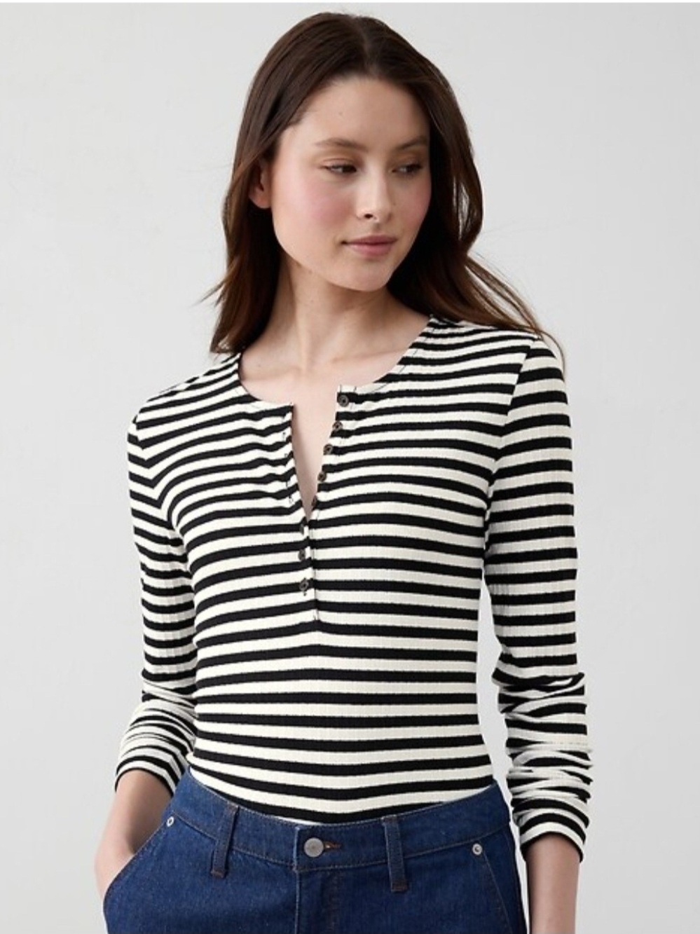 Banana Republic Black & White Striped Long-Sleeve Textured Henley(S)